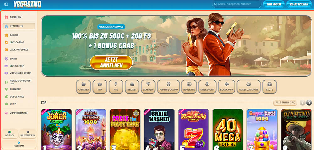 Die Startseite von Vegasino